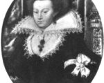 A black and white photo of a miniature of Elizabeth Carey (née Spencer), Baroness Hunsdon, by Nicholas Hilliard.