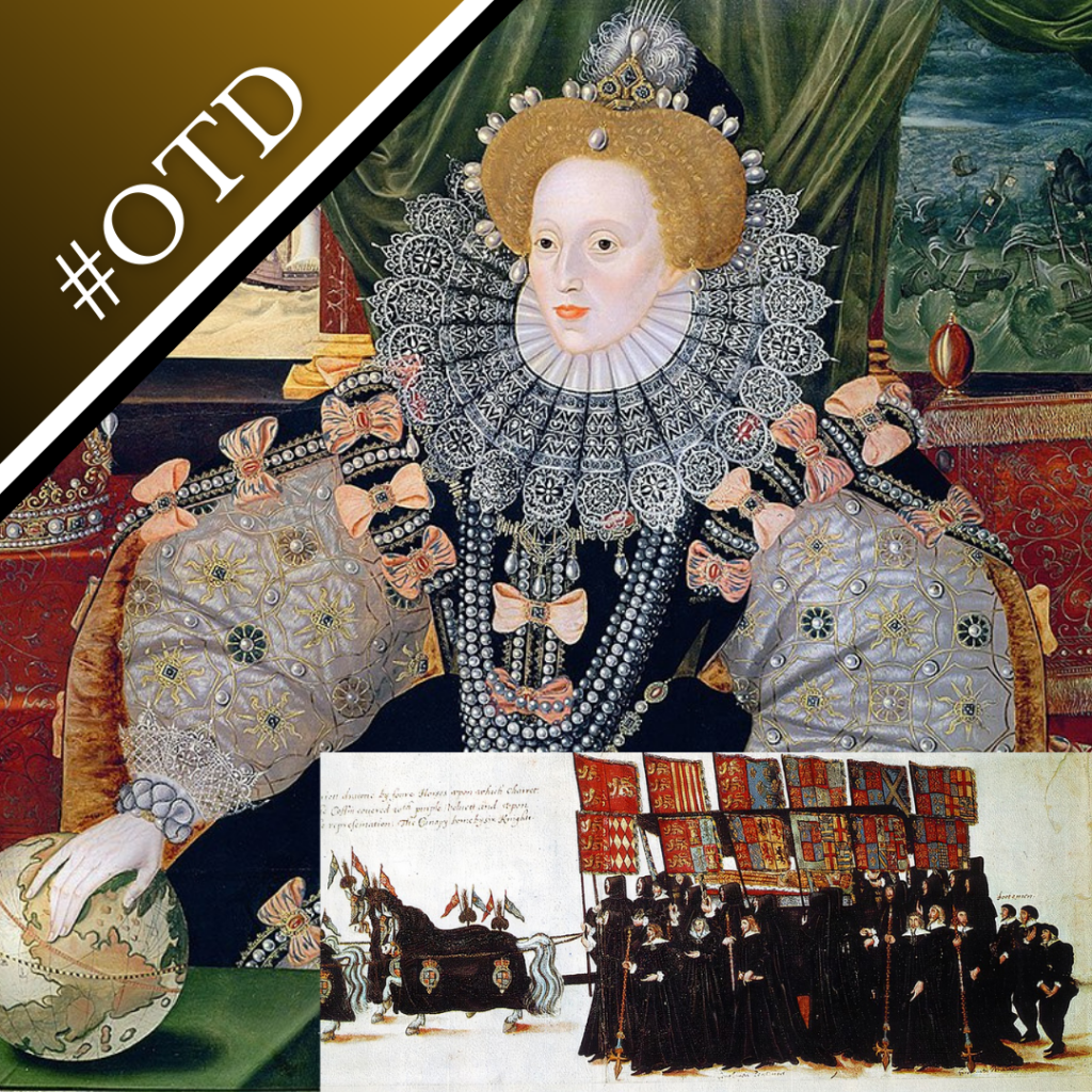 The Armada Portrait of Elizabeth I and an image of her funeral procession