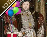 Portrait of Henry VIII decorated with a present and balloons