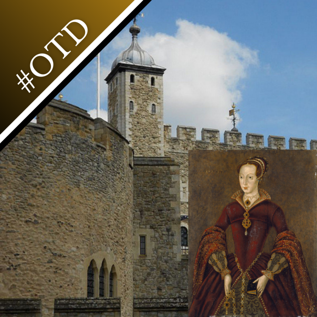 A photo of the Tower of London and a portrait of a woman thought to be Lady Jane Grey