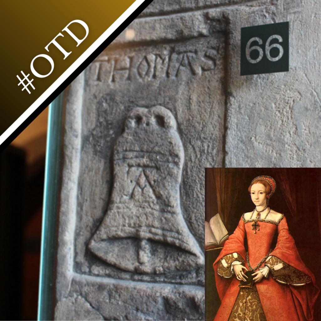 Photo of Thomas Abell's stone carving and a portrait of a young Elizabeth I