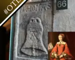 Photo of Thomas Abell's stone carving and a portrait of a young Elizabeth I