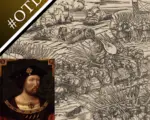 An illustration of the Battle of the Spurs and a portrait of Henry VIII