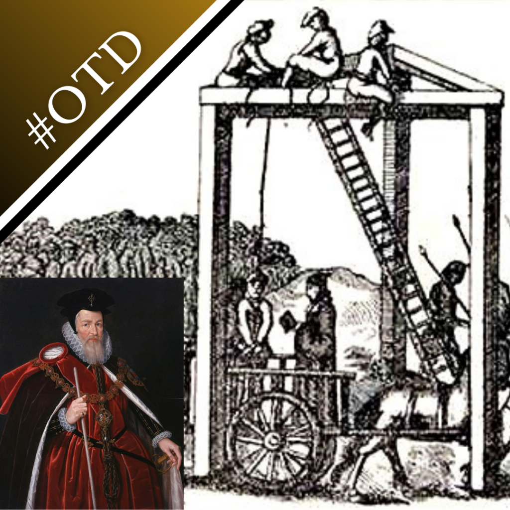A woodcut of the Tyburn gallows and a portrait of William Cecil