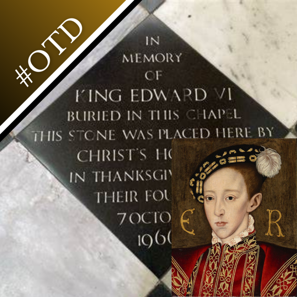 Photo of Edward VI's grave marker and a portrait of Edward VI