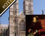 A photo of Westminster Abbey and a portrait of Mary I