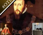 Portraits of Edward Seymour and a young Elizabeth I, and a photo of a baptismal font