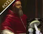 Portrait of Pope Clement VII and a photo of a deathcap mushroom