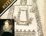 A drawing of the trial of Mary, Queen of Scots, and a portrait of her.