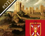 A painting of Pontefract Castle and the Pilgrimage of Grace banner