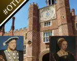 A photo of Hampton Court Palace and portraits of Henry VIII and Catherine Howard