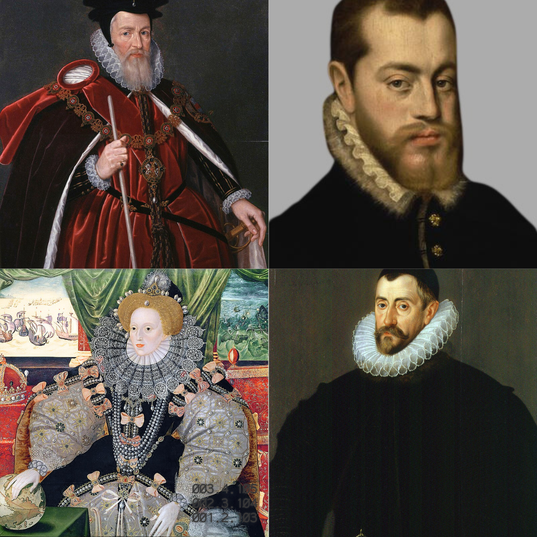 William Cecil, Philip II, Elizabeth I and Sir Francis Walsingham