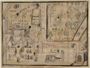 1567 drawing of the murder scene, made for William Cecil, 1st Baron Burghley shortly after the murder.